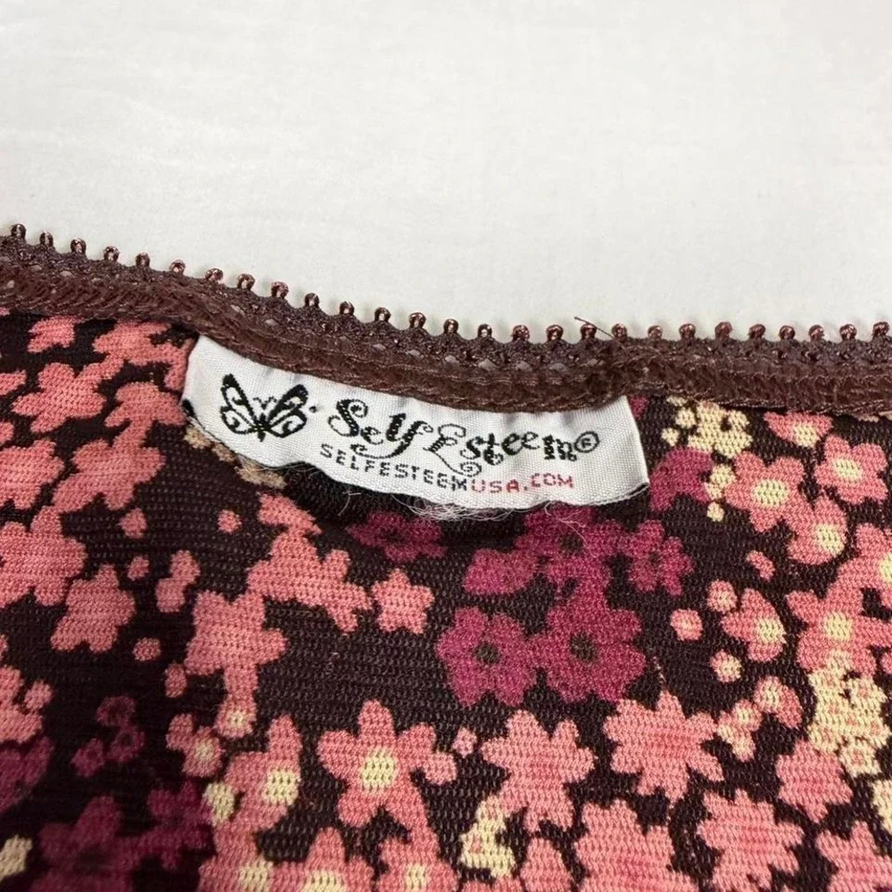 Vintage y2k Self Esteem pink/red floral babydoll short sleeve tie back top - Picture 4 of 6